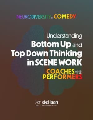 sample book cover with gradient background and name of book "Understanding Bottom Up and Top Down thinking in Scene work" for coaches and performers. 