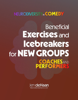 Book cover graphic with red gradient background with text that reads "Beneficial Exercises and Icebreakers for New Groups Coaches and Performers"