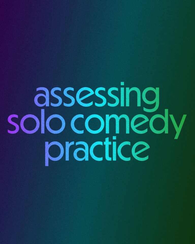 Assessing Solo Comedy Practice colourful text on gradient background