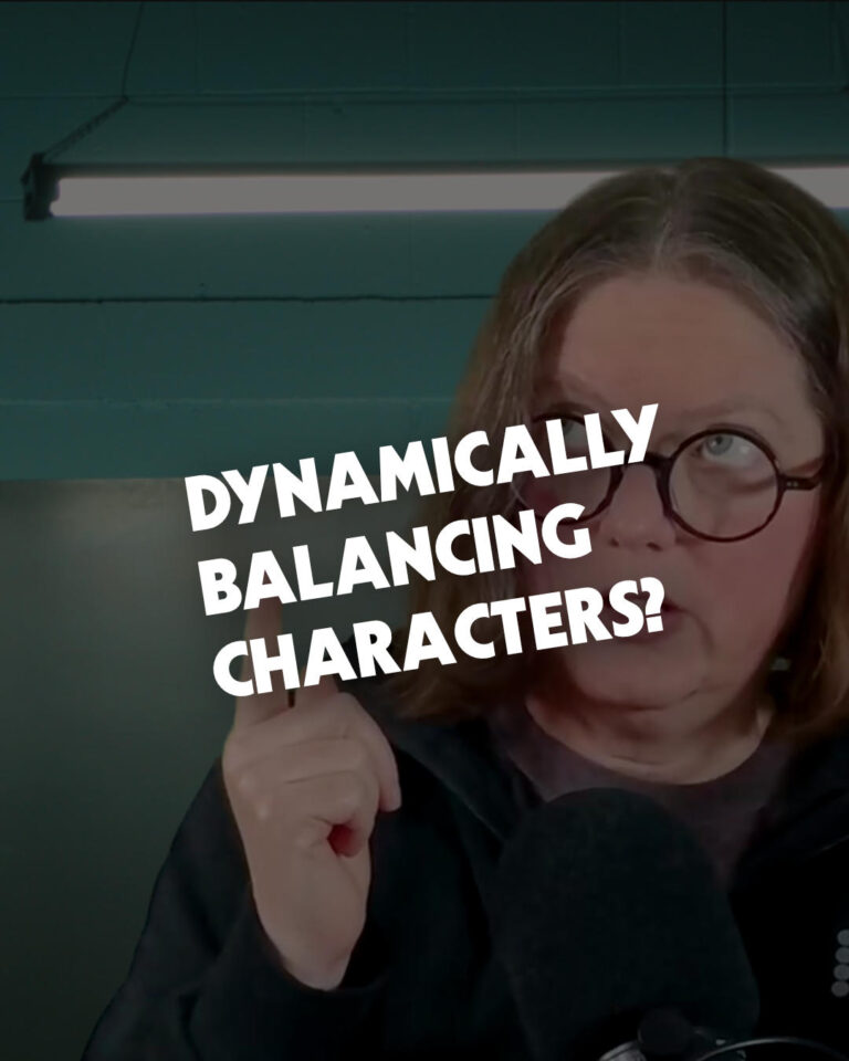 text "dynamically balancing characters" in front of podcast host's face and a green background