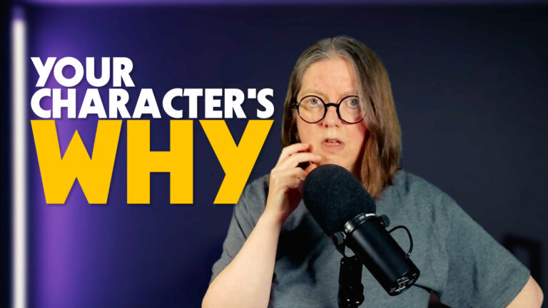 YourImprovBrain Ep35 show art that includes "Your Character's WHY" in text next to jen looking quizzical behind a mic in a grey t-shirt.