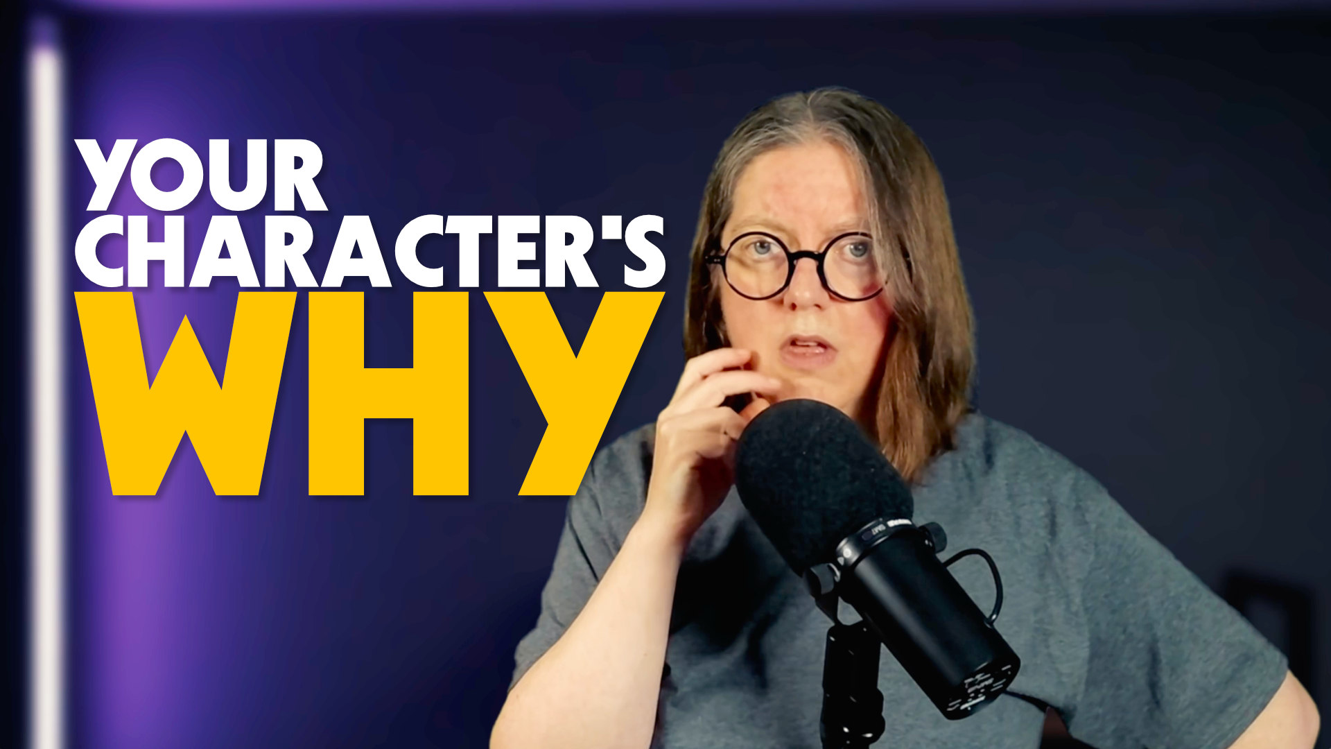 YourImprovBrain Ep35 show art that includes "Your Character's WHY" in text next to jen looking quizzical behind a mic in a grey t-shirt.