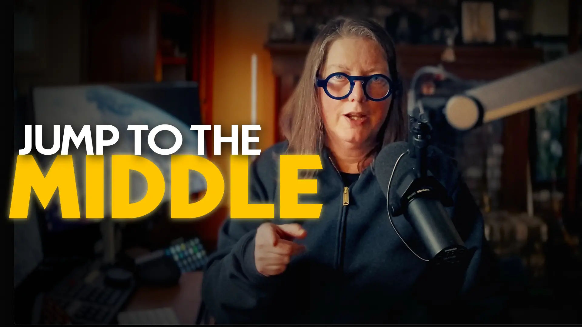 Ep 38 Yourimprovbrain jen behind microphone with text "Jump to the Middle"