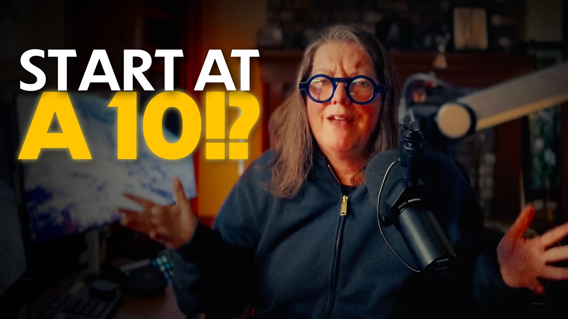 jen behind a microphone making a ridiculous expression and the text "Start at a 10?!"