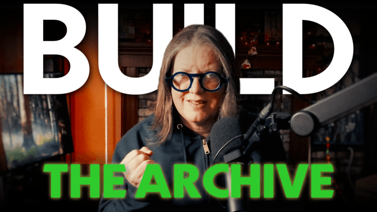 Jen with a microphone and text "build the archive"