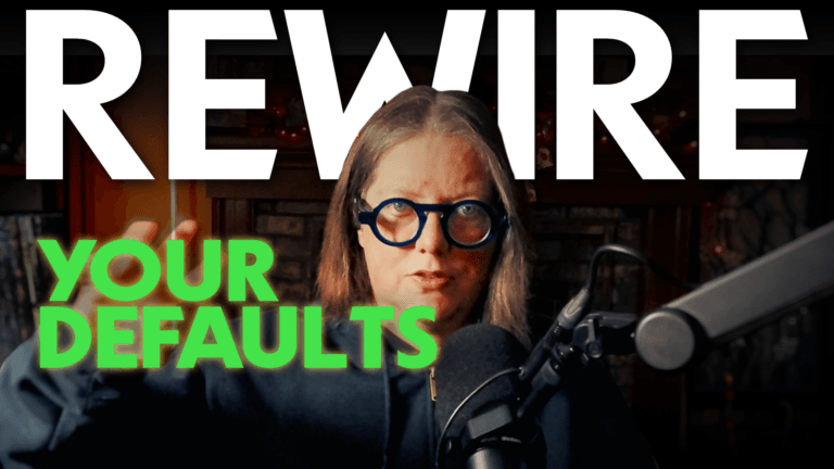 Text "rewire your defaults" with jen and a microphone