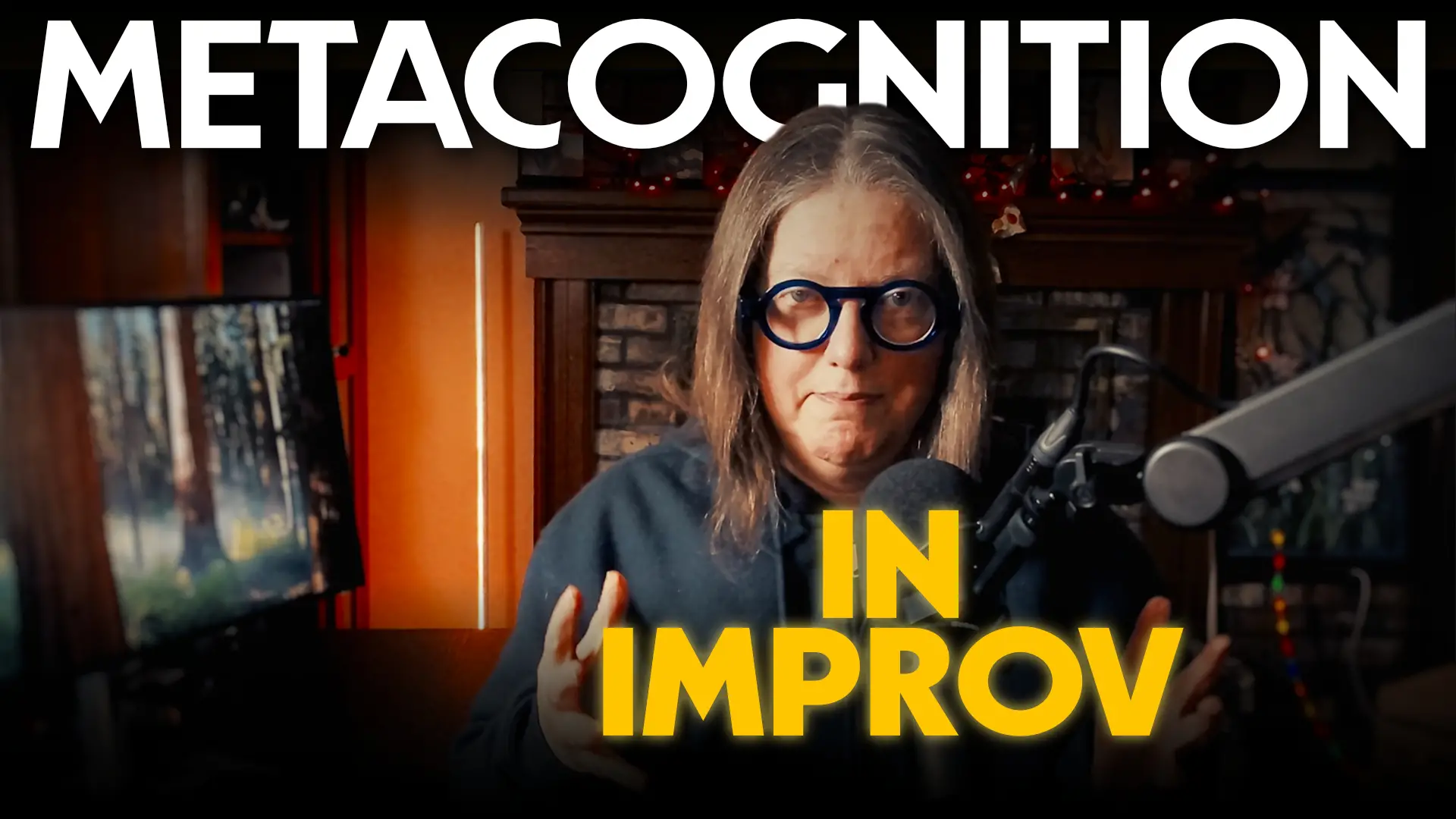 Text "metacognition in improv" around Jen sitting behind a microphone in her office