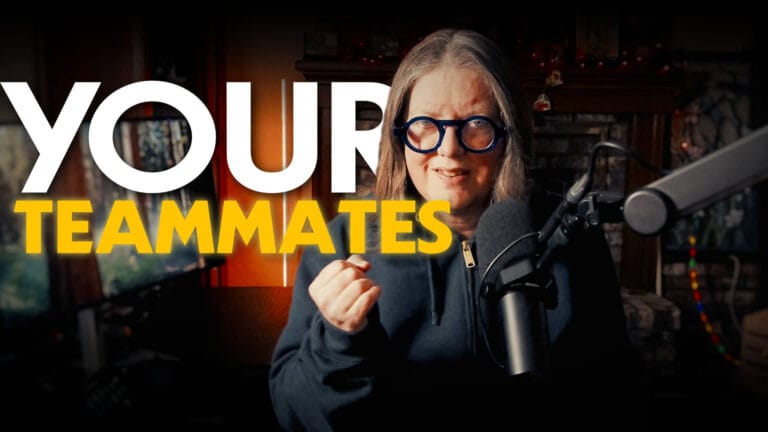 Text "your teammates" around Jen sitting behind a microphone in her office